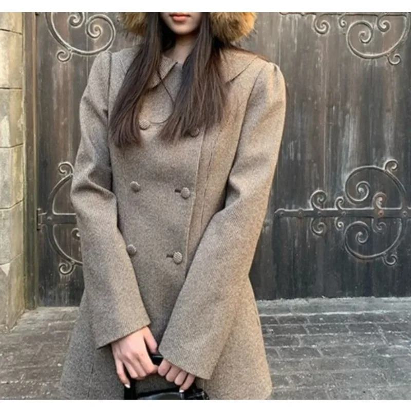 سترة صوفية رفيعة ونحيفة باللون البني للخريف والشتاء، سترة كاجوال كورية جديدة ذات ياقة دمية راقية مزدوجة الصدر #3