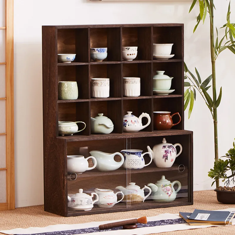 Chinese Multi-Treasure Pavilion Tea Cup Rack Solid Wood Storage Cabinet Dustproof Glass Teapot Shelves Home Decor