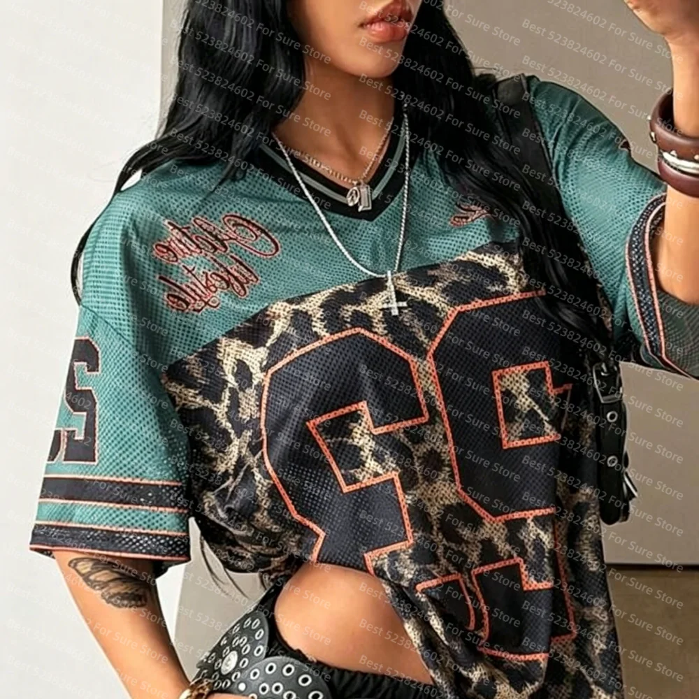 Damen-T-Shirt mit numerischem Aufdruck, kurzärmelig, Mesh, Farbblock, lockere Passform, Sport-T-Shirt, Frühling, Sommer, Grafik-T-Shirts, Damen, sexy Sport-Tops