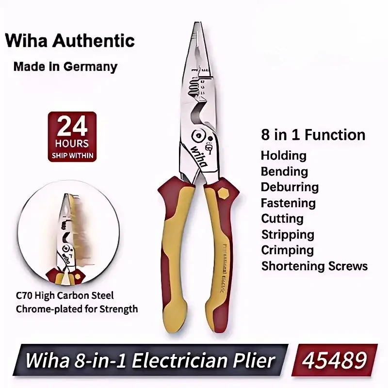 

Wiha 45489 Multifunctional 8-In-1 Industrial Electrician Insulated Wire Strippers Pointed Crimping And Cutting Pliers 1000V VDE