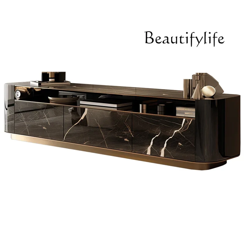 

Rock slab TV cabinet storage locker integrated new light luxury hollow living room heightened floor cabinet home