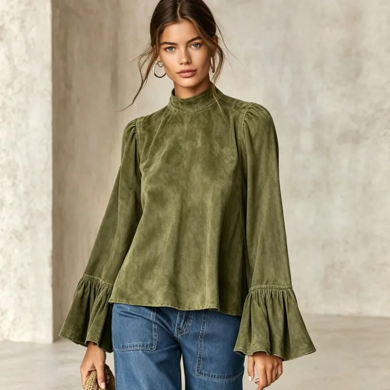 New Autumn And Winter Women's Blouses Casual High Neck Suede Vintage Fashion Loose Long Sleeved Top For Women Pullover Clothing