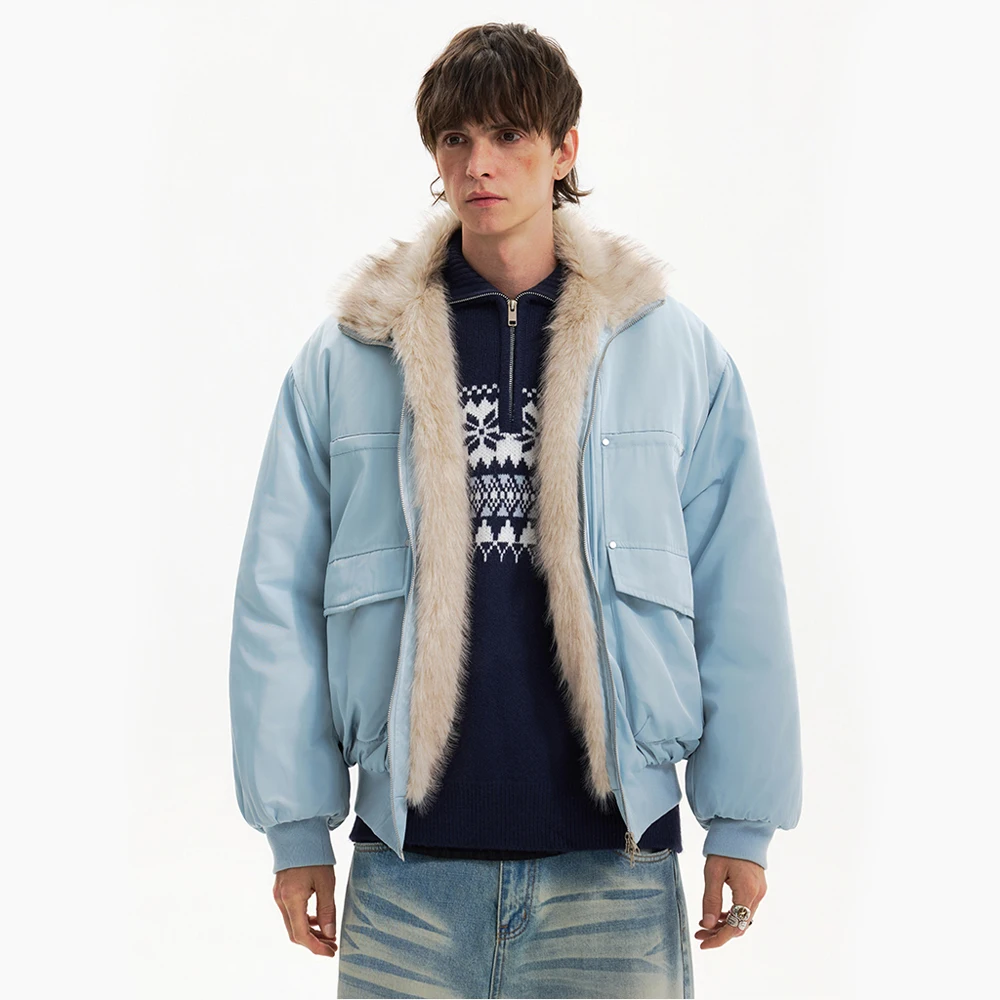 

Winter Faux Fur Stand Collar Jacket Men Women Streetwear Fashion Loose Vintage Quilted Cargo Jacket Cotton Padded Parkas Coat