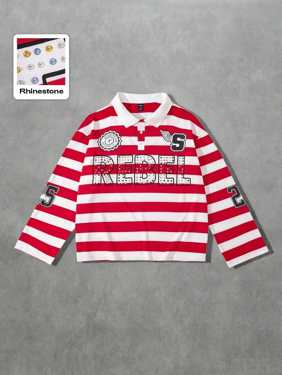 

Мужская красно-белая полосатая рубашка-поло с длинным рукавом и графическим принтом «REBEL» из страз, свободного кроя, повседневная.