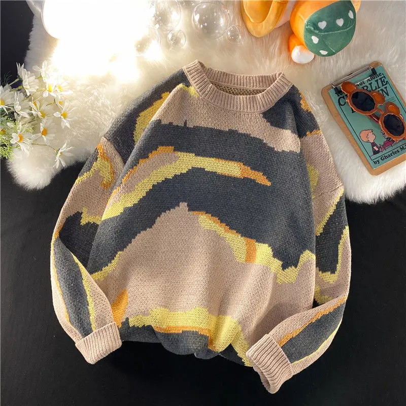 Tie Dye Round Neck Sweater Men's Autumn and Winter Korean Style Trendy Loose Knit Pullover Sweater