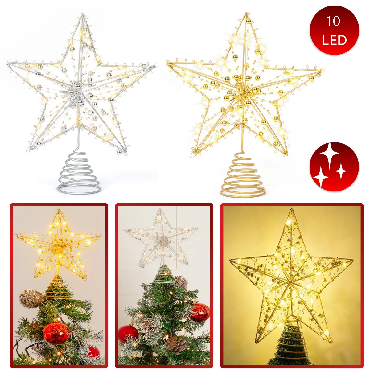 1Pc LED Glitter Christmas Tree Topper Sparkle Star With Lights Treetop Xmas Ornament Five-Pointed Star Christmas Decoration