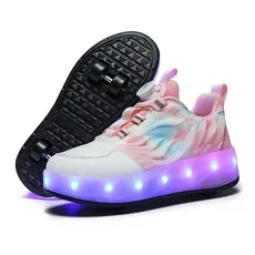 

USB Four Wheels Children LED Shoes Fashion Kids Roller Skates Swivel Button Boys & Girls & Women Sneakers Size 30-40