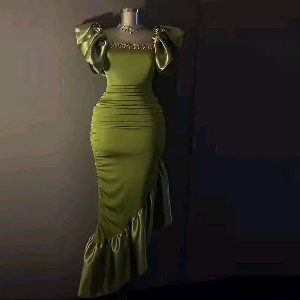 

Green Mermaid Prom Dresses Short Sleeves Beads Sequins Women Birthday Party Dress Holiday Summer Formal Evening Gowns