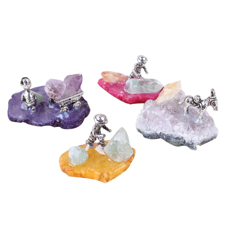 

Cute Small Miner Figurine Collection Gifts Reiki Energy Raw Mineral Agate Geode Miniature Healing Ore Crystals Desk Decoration