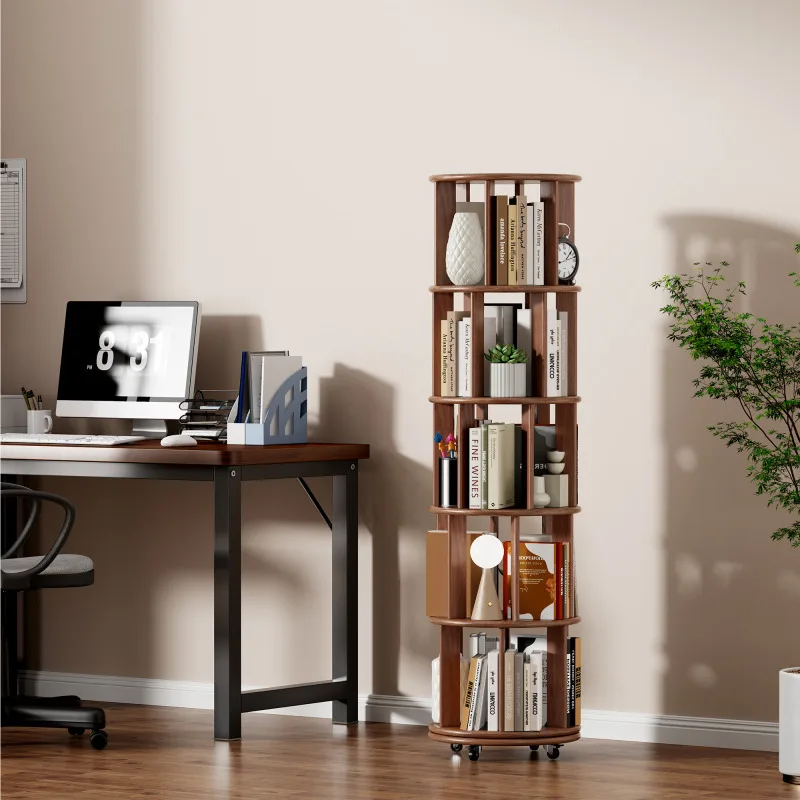 رف كتب دوار من الخشب الصلب مكون من 5 طبقات رف تخزين دائري قائم على الأرض ورف عرض لغرفة المعيشة وغرفة الدراسة