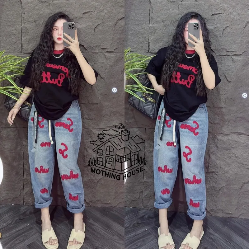 Retro Fashion Suit Women's Summer New Letter Printing Short-sleeved Milk Silk Wide-leg Pants Two-piece Set view 3