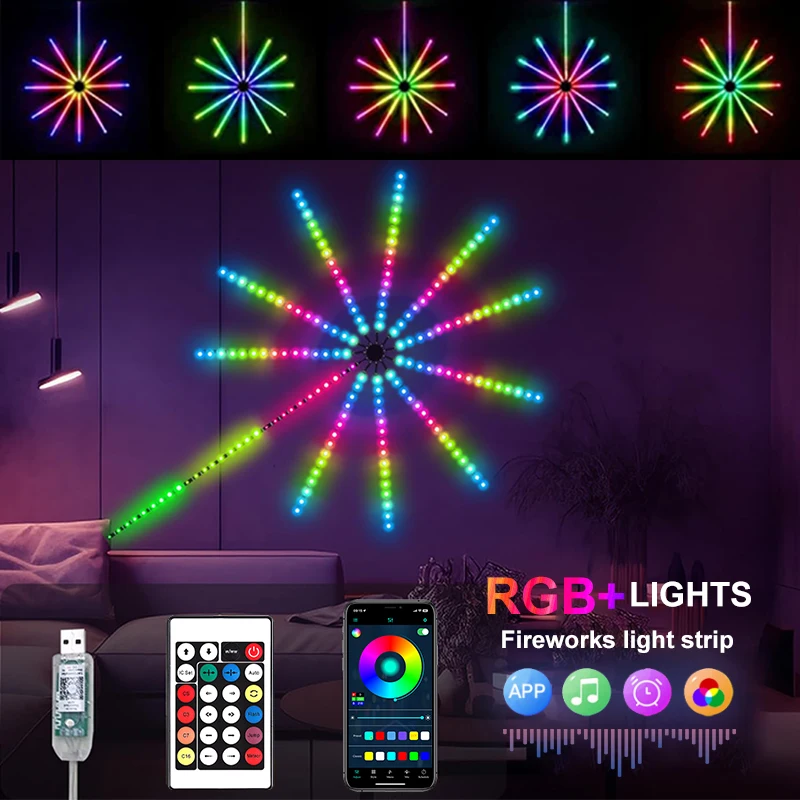 Led Firework Lights Smart Indoor Led Strip Lights with Remote App Control Music Sync for Room Party Holiday Decoration Lighting