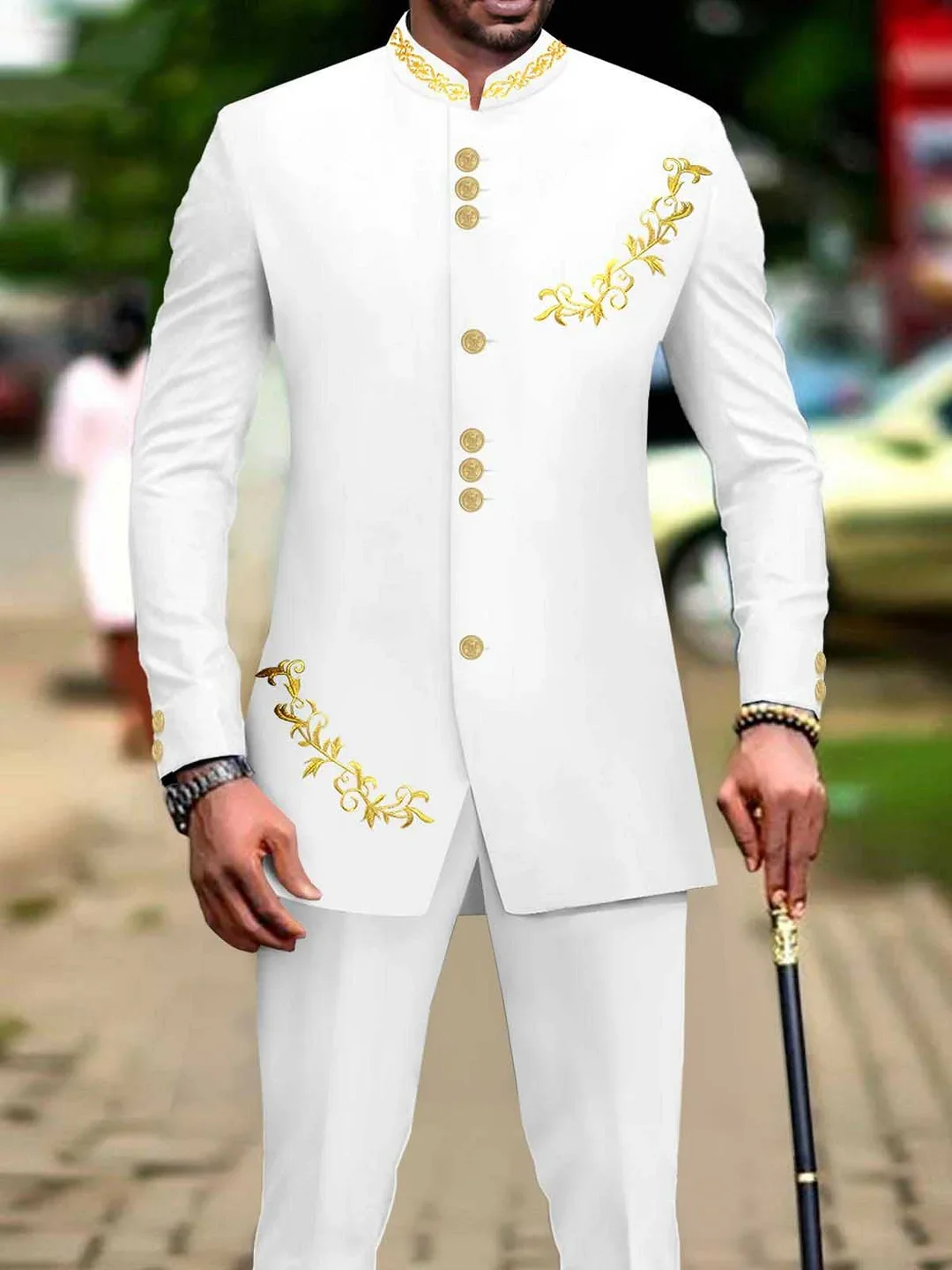 

Men's fashion luxury glod print stickup stripe dress two-piece set