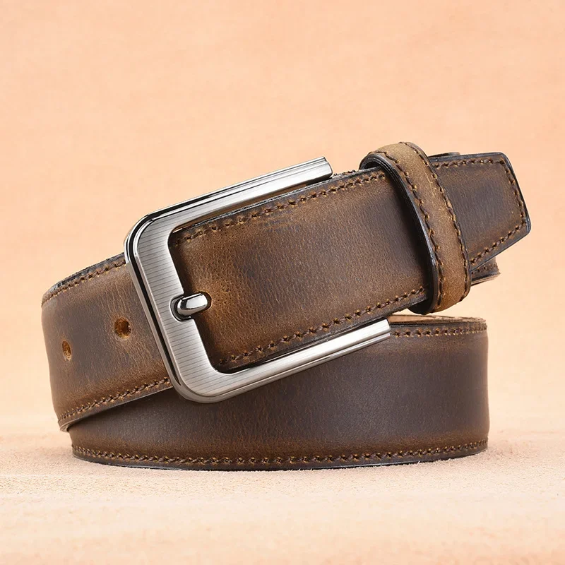 

Men's first-layer cowhide belt, genuine leather simple pin buckle, grade 7 electroplated button head belt