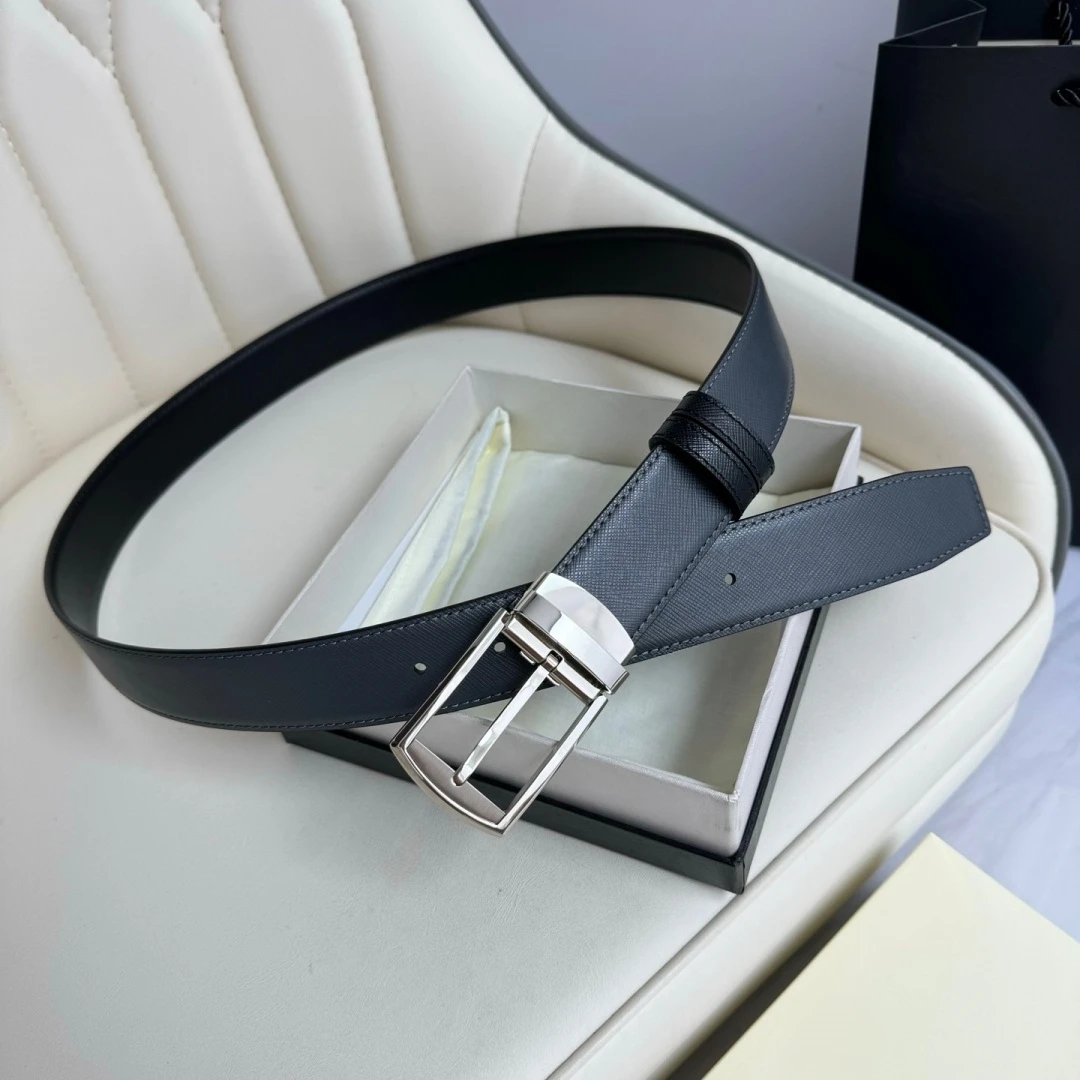 Luxury Brand Men's Reversible Cross‑Grain Leather Belt Rotatable Pin Buckle Black Grey Dual‑Sided Business Formal Waist Strap