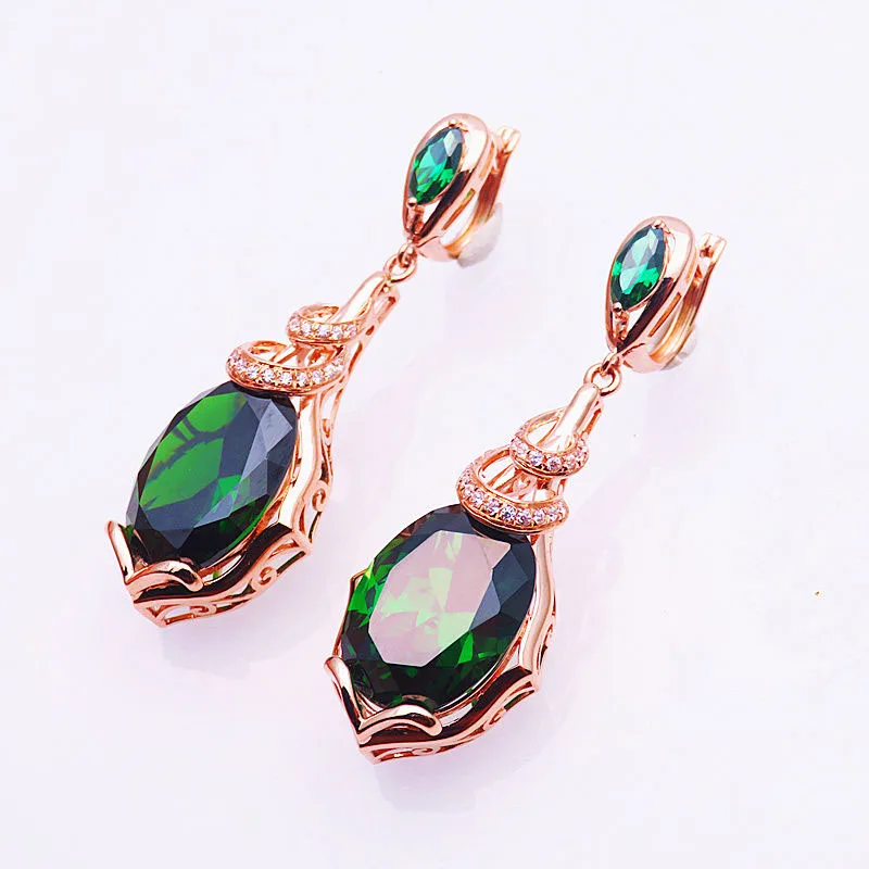 585 purple gold ear buckle plated 14K rose gold fashion luxury inlaid emerald earrings for women exquisite wedding jewelry gift