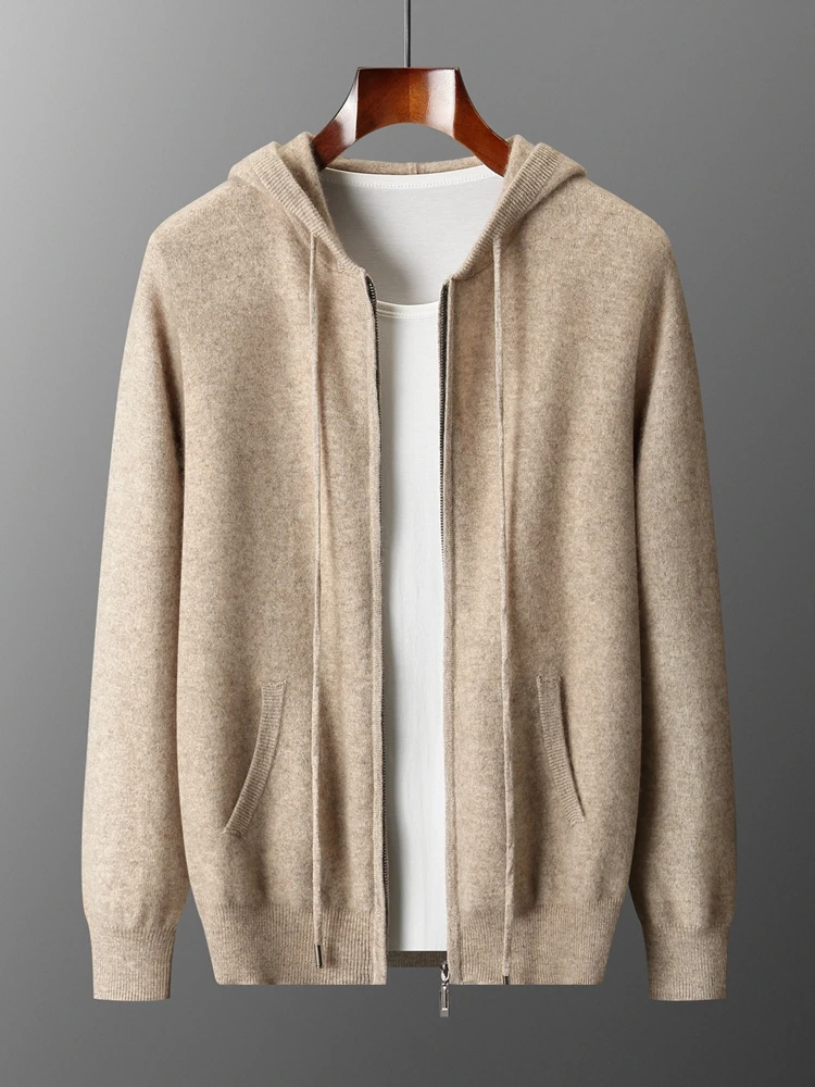 

Осень-зима, мужской кашемировый кардиган с капюшоном, 100% мериносовая шерсть, мягкий теплый свитер, толстовка на молнии, трикотаж, повседневная мужская куртка