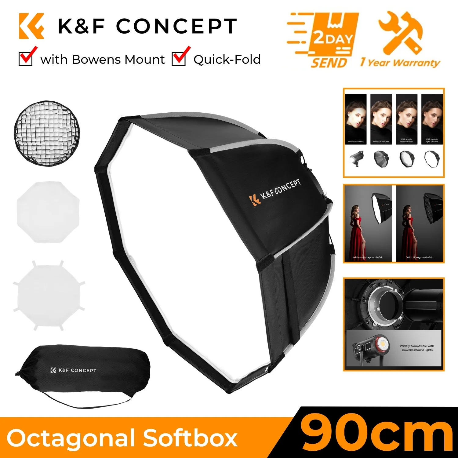 90cm/65cm/55cm Octagonale Softbox met Snelle Ontgrendeling Bowens Mount en Honingraat Lichtdiffusoren voor Fotografie Studio Flits