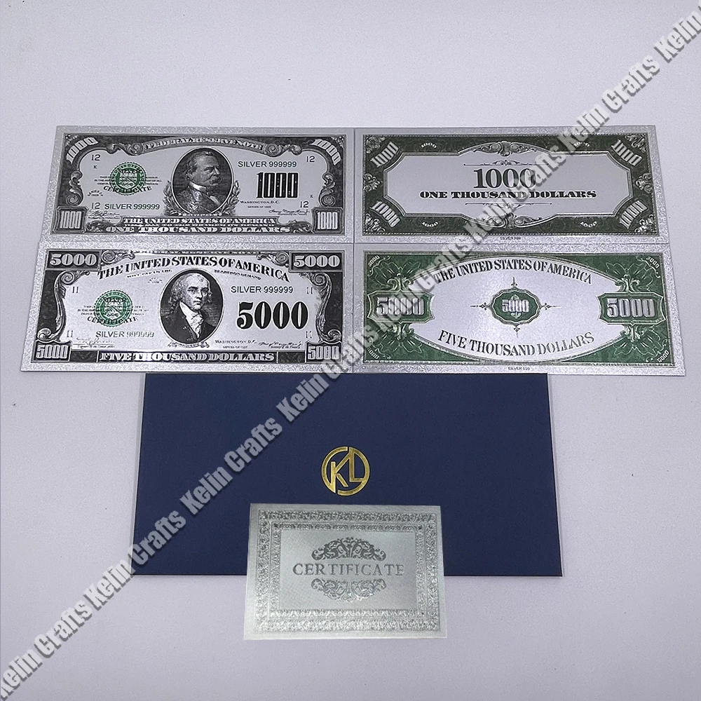 

2types Silver USA 1000/5000 Dollars Gold Foiled Platsic Banknote Bill United States OF America craft money with Envelope