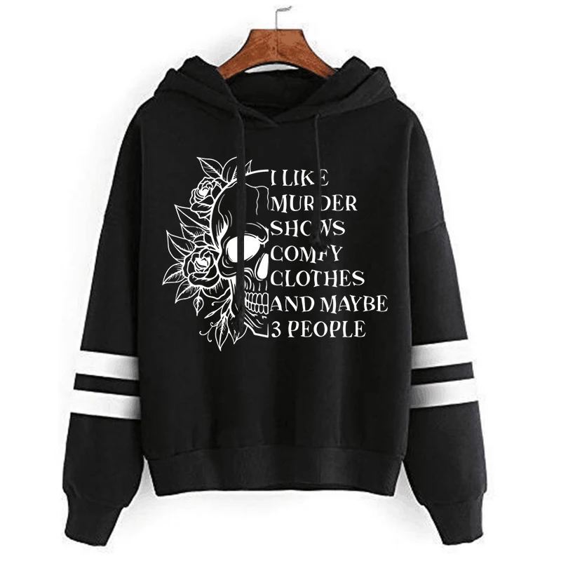 Casual Vintage Skull Rose Print Sweatshirts Women Long Sleeve Drawstring Pullover "I Like Murder Shows" Funny Skeleton Hoodies