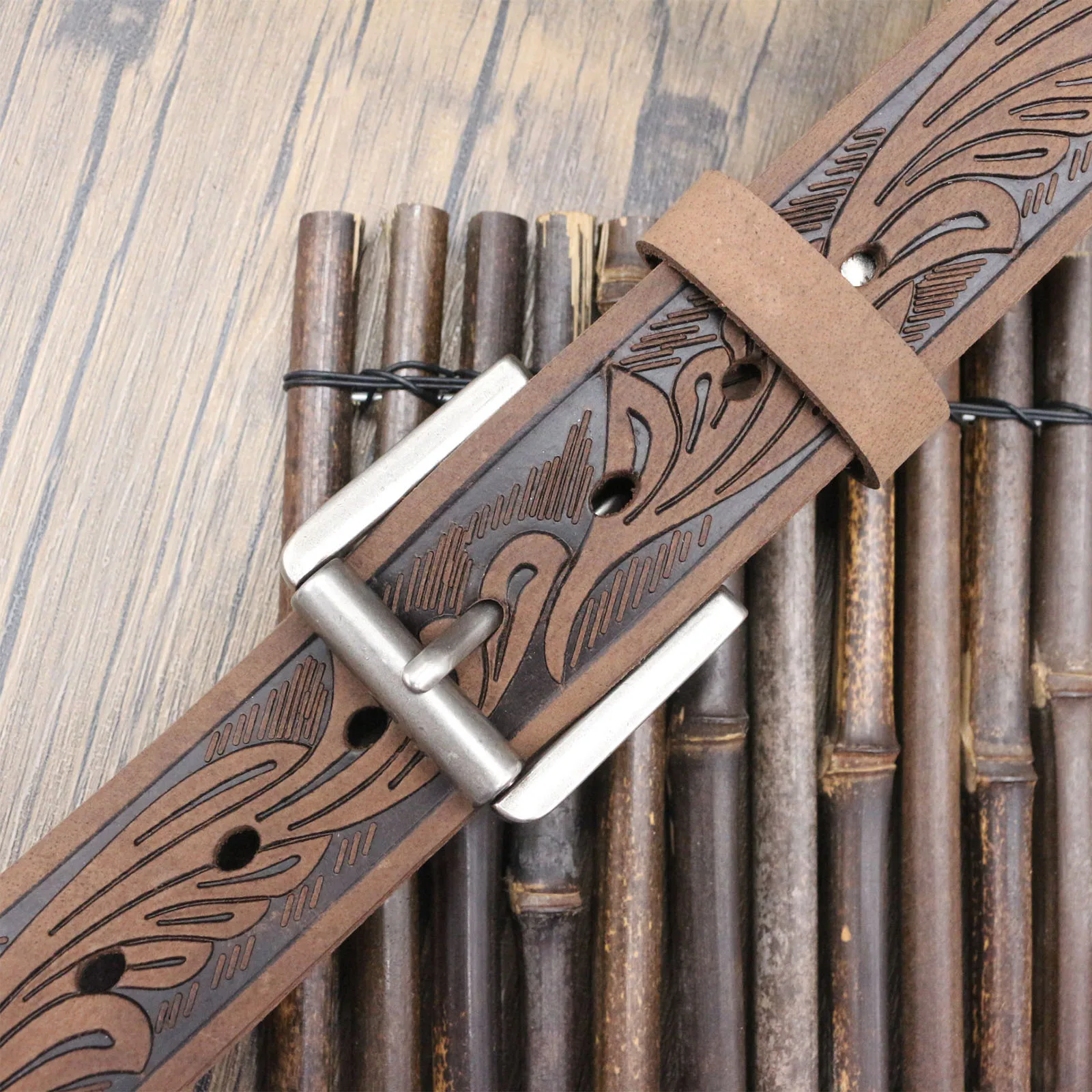 Rugged Full Grain Cow Leather Belt for Men, Ornate Floral Embossing Western Tooled Belt, Durable Metal Casual Cowboy Belt