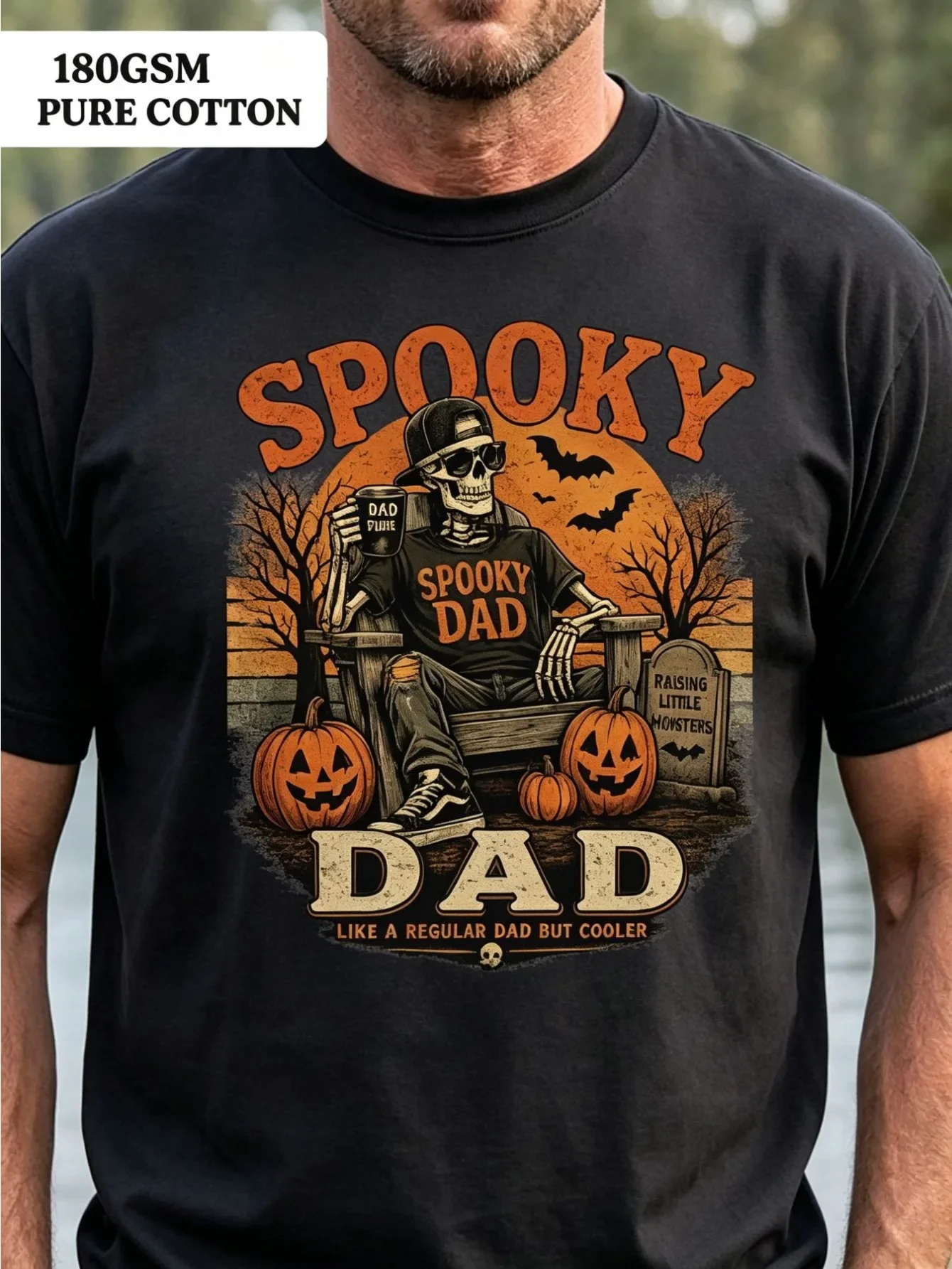 Halloween Bohemian Men's Cotton Short-sleeved T-shirt with a Different Skull Dad Pattern Printed on the Front, Including Pumpkins and Bats, Retro-style Halloween Costumes, Christmas Gifts