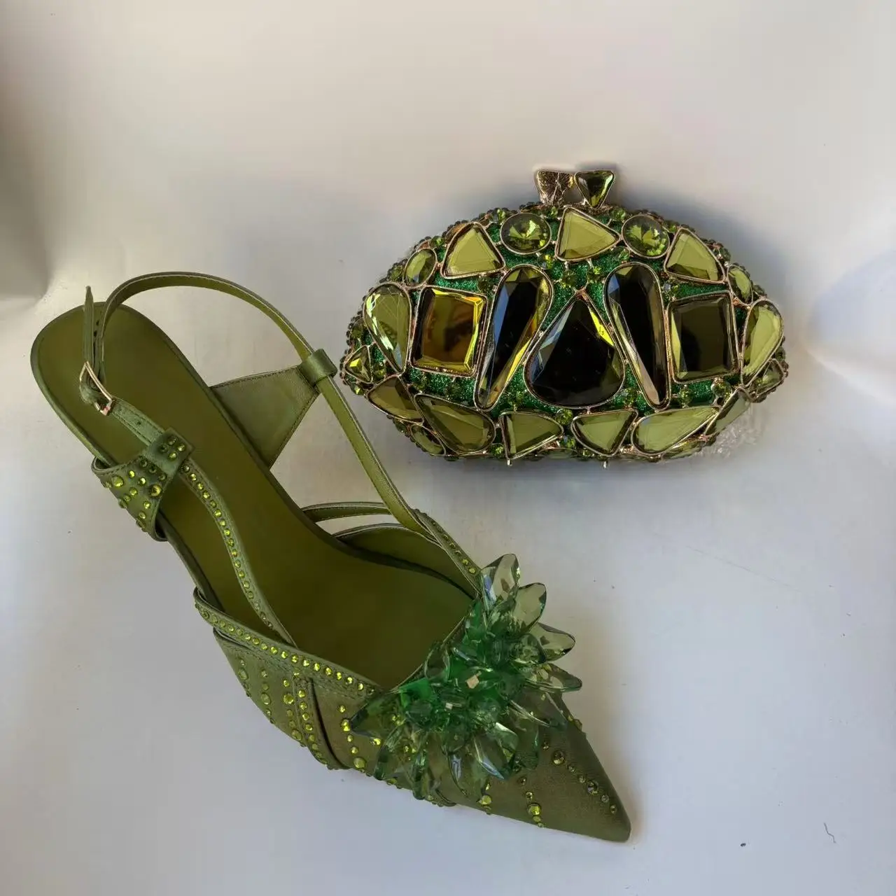 

LNATISNOVA Комплект: туфли на высоком каблуке с оливково-зелеными стразами и вечерняя сумочка-клатч, женские босоножки с кристаллами и вечерняя сумочка-кошелек