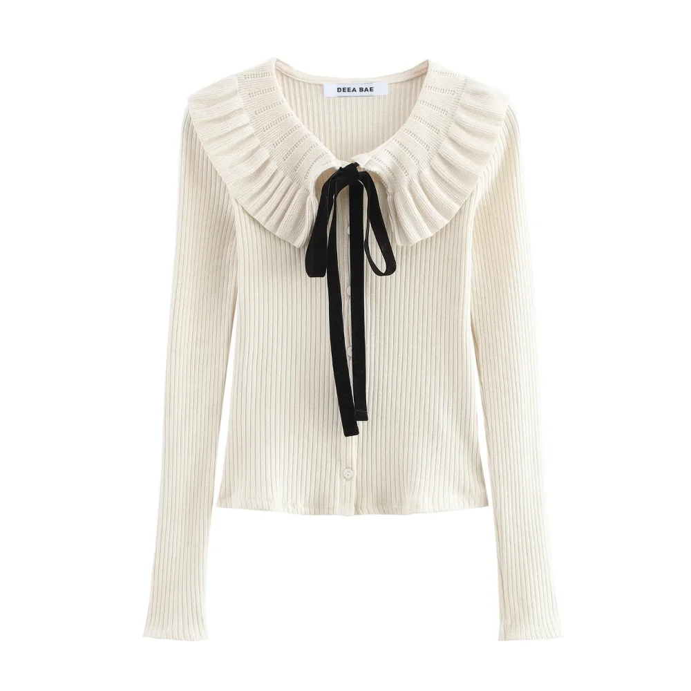 

KONDALA Women Chic Elegant Beige Knit Cardigan Bow Lace-up Ruffled Single Breasted Sweater New 2025 Spring Fall Fashion Cardigan