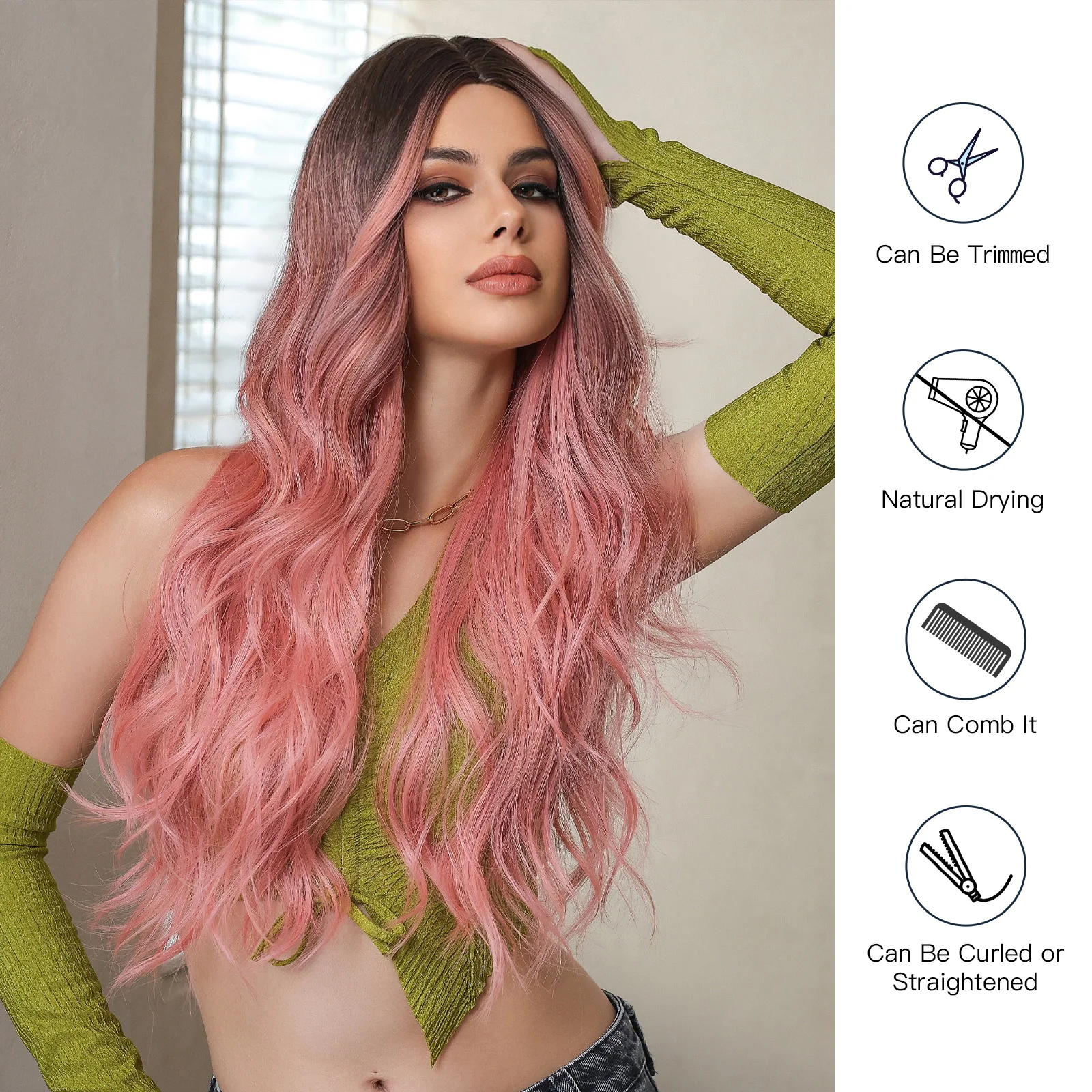 Wig rambut Cosplay Ombre merah muda cokelat Wig wanita berombak panjang sintetis dengan poni untuk pesta Lolita menggunakan Wig alami tahan panas