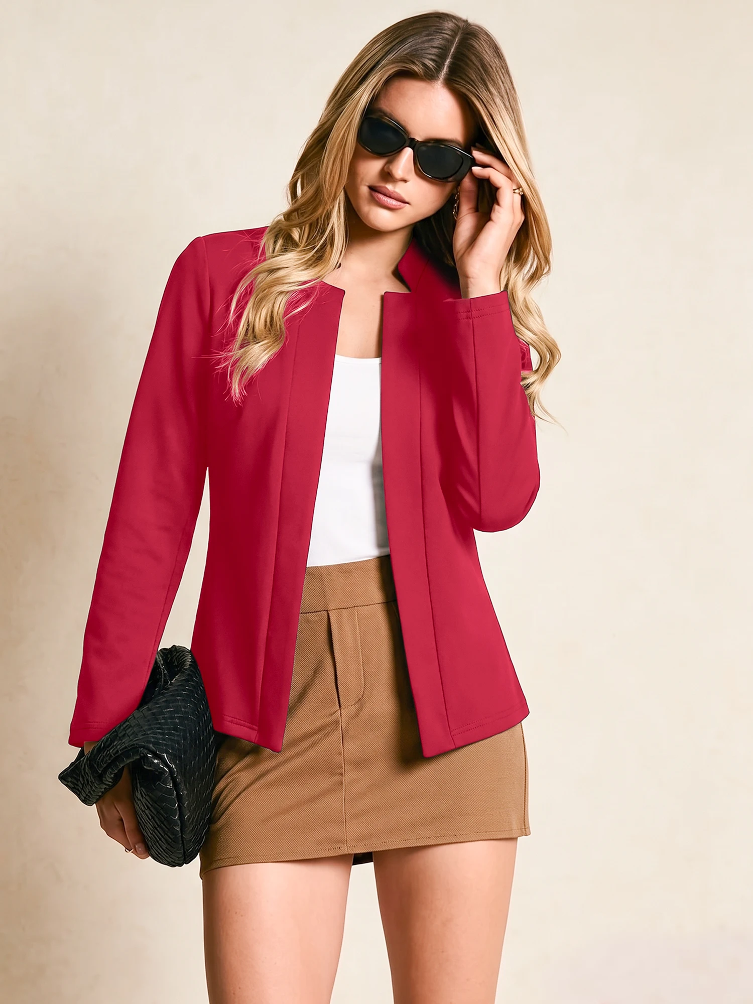 Female Open Front No Button Blazer Stand Collar Long Sleeve Solid Slim Jacket Office Street Outfit