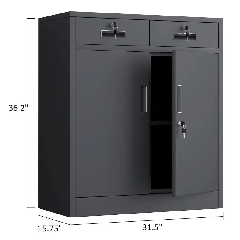 Metal Storage with Locking Doors and 2 Drawers Lockable  Cabinets  Adjustable Shelf for Home Office  Garage