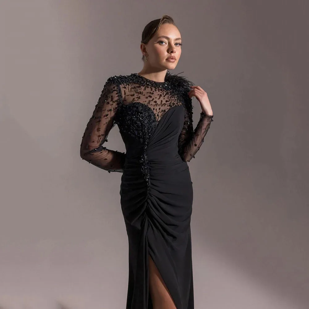 Sukienki wieczorowe na zamówienie, czarne, z dekoltem okrągłym, eleganckie, na formalne okazje, suknie balowe, zdobione koralikami i kryształami, długość do podłogi, kolekcja 2025.