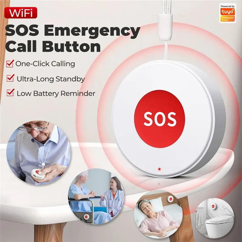 FFYY-Tuya Wifi SOS Panic Button For Elderly& Kids Smart Life APP Notifications One Key Alert Wall Sticky Stickers/Neck Strap Des