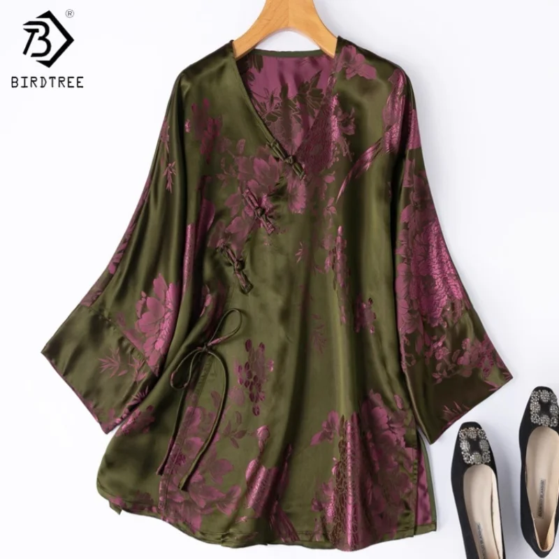 

Birdtree,35% Mulberry Silk Blouse,Women Slanted Collar Shirt,V-neck Print Green Tops,Chinese-style,2025 Spring New T5D514JF
