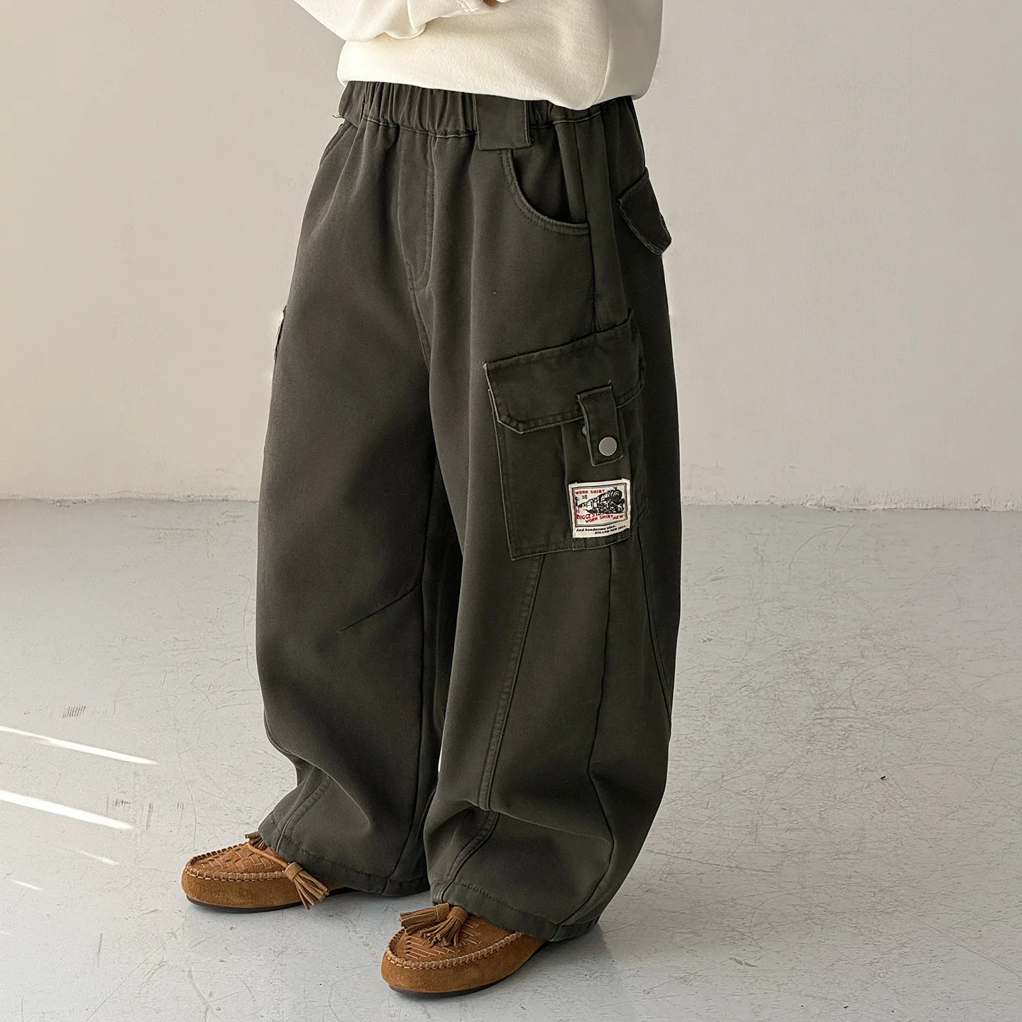 Boys' Autumn Work Pants Children's Velvet Pants 2026 New Korean Trendy Cool Casual Wide Leg Pant Children's Clothing