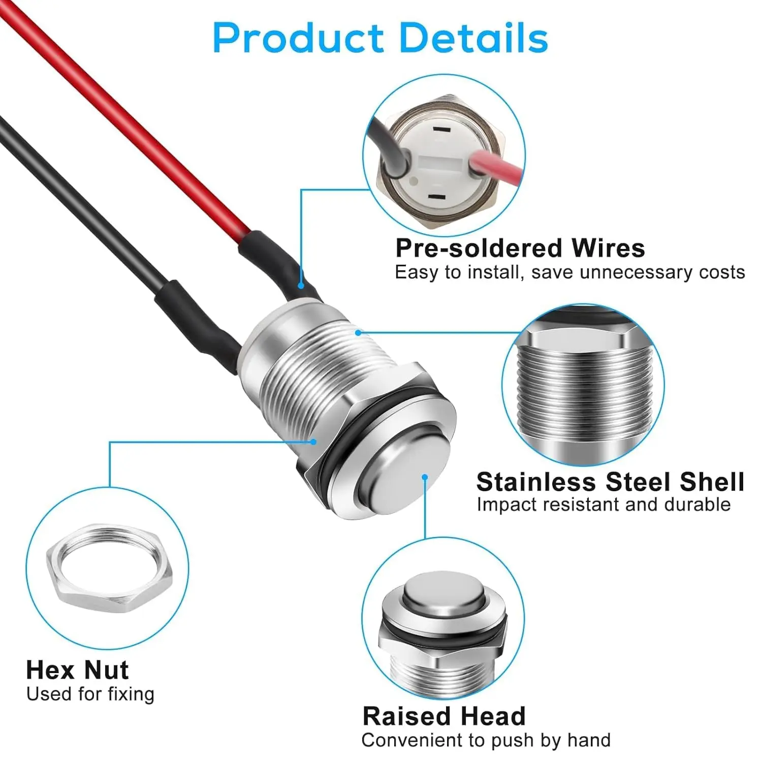 10PCS 12mm Momentary Push Button Switch, Mini Round Pushbutton Switches with Pre-Wired, Waterproof, for Car Boat view 4
