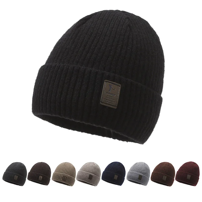 New Men Winter Label Warm Hat Fleece-Lined Thickening Wool Cap Outdoor Cycling Windproof Knitted Bonnet Casual Cold-proof Beanie