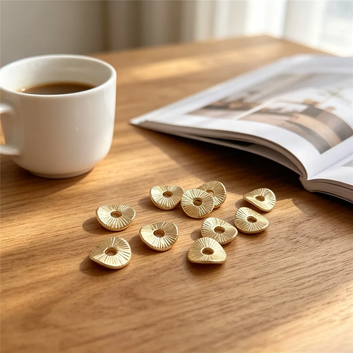 Brass 14K Gold Plated Color Retention Lotus Leaf Wire Drawing Wood Grain Bead Caps Spacer Discs DIY Bracelet Jewelry Findings