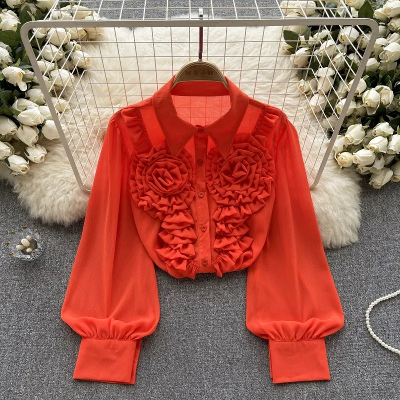 

Vintage Court Style Age Reducing Blouses Turn Down Collar Stereo Flower Gentle Blousas Single-breasted Chiffon Women Shirts