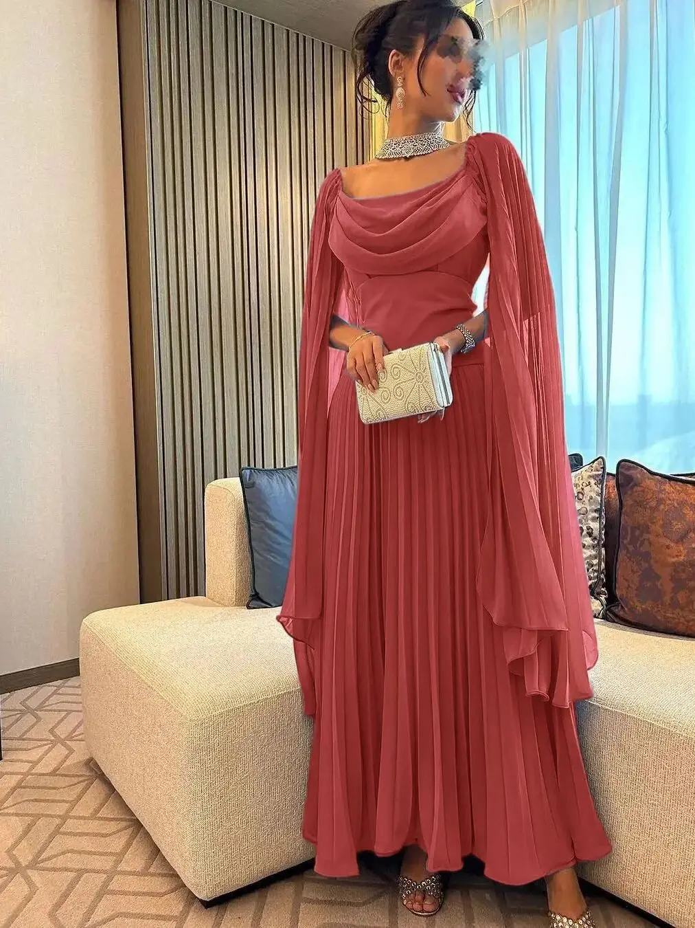 Elegante abito da ballo per feste colletto quadrato in chiffon maniche lunghe abito da sera pieghettato Vestido formale dell'Arabia Saudita