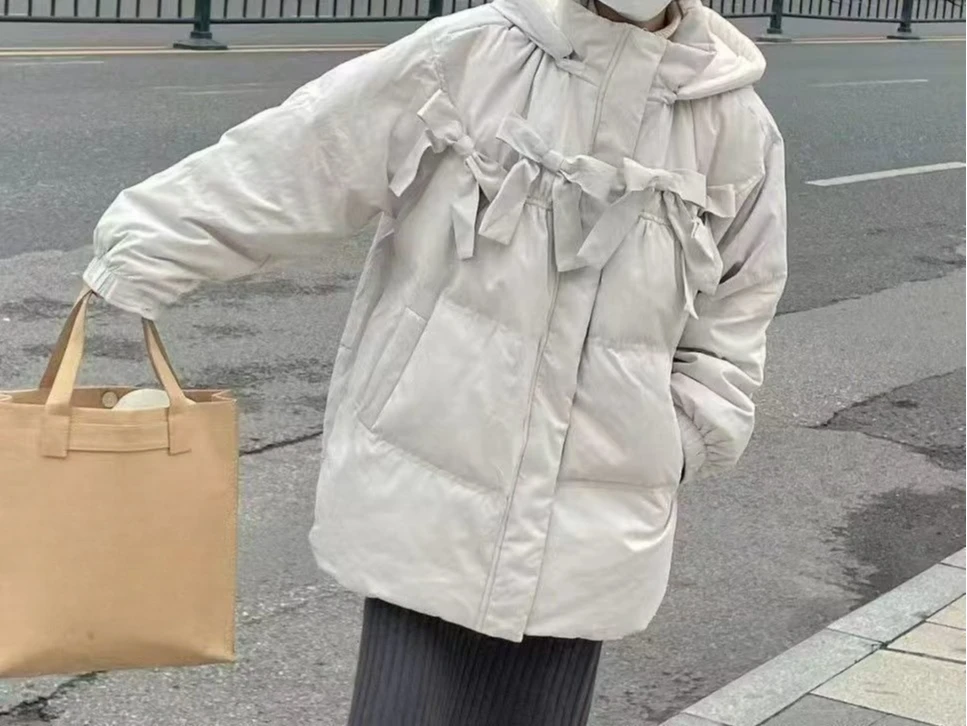 

Bowknot Hooded Cotton Jacket Winter Student New Retro Loose Thickened Cotton Coat Puffer Jacket