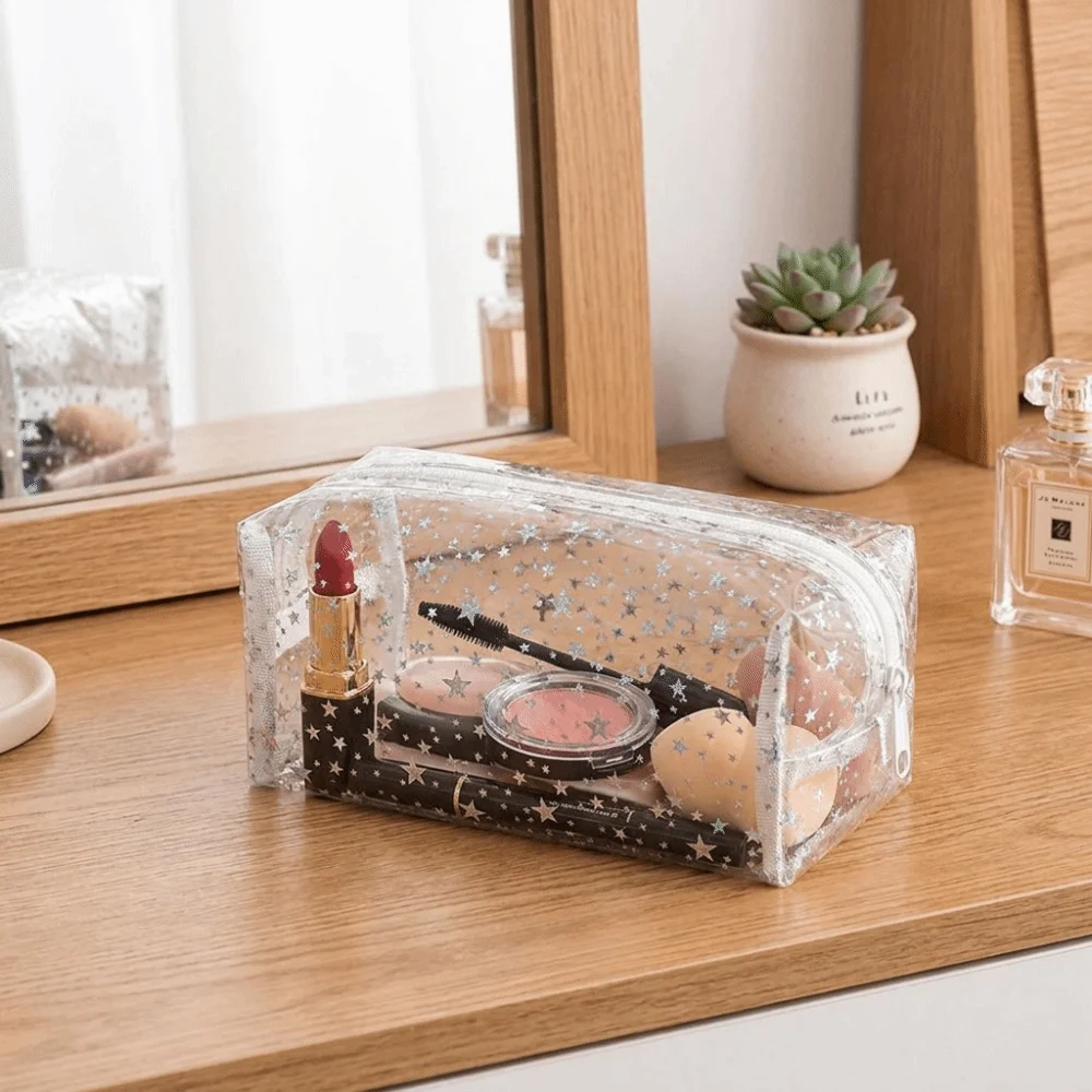 PVC Waterproof Transparent Makeup Bag Stars pattern with Handle Portable Cosmetic Pouch Glitter Smooth zipper Clear Travel Sack