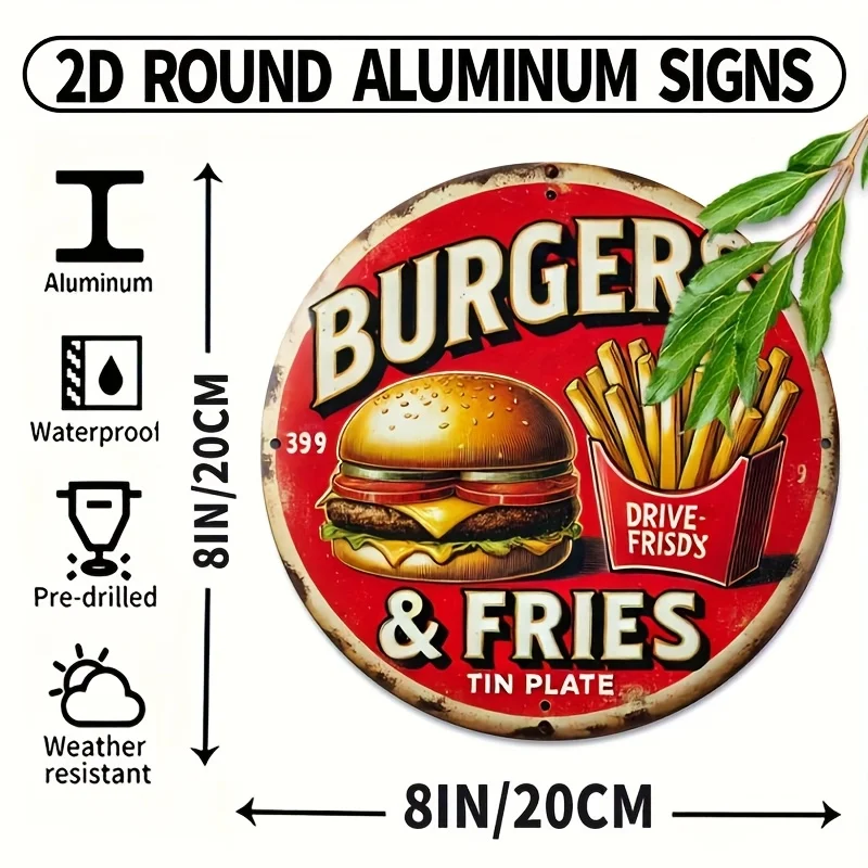 Vintage Retro Diner Aluminum Wall Art Sign - 8x8 Inch Burger & Fries Metal Decor with 