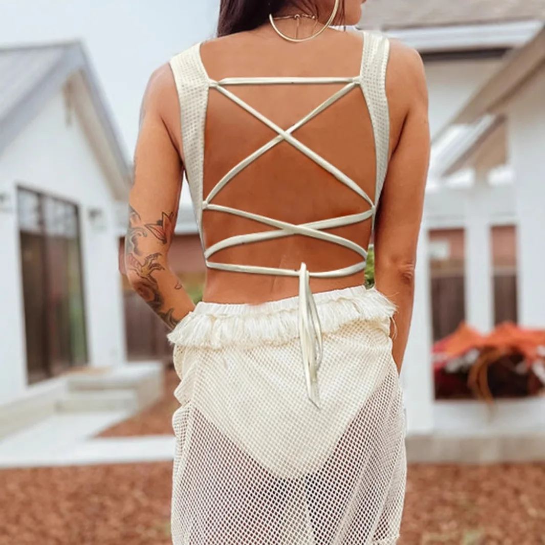 Verão feminino wear nova moda oco renda borla emenda malha sem mangas vestido estilo elegante