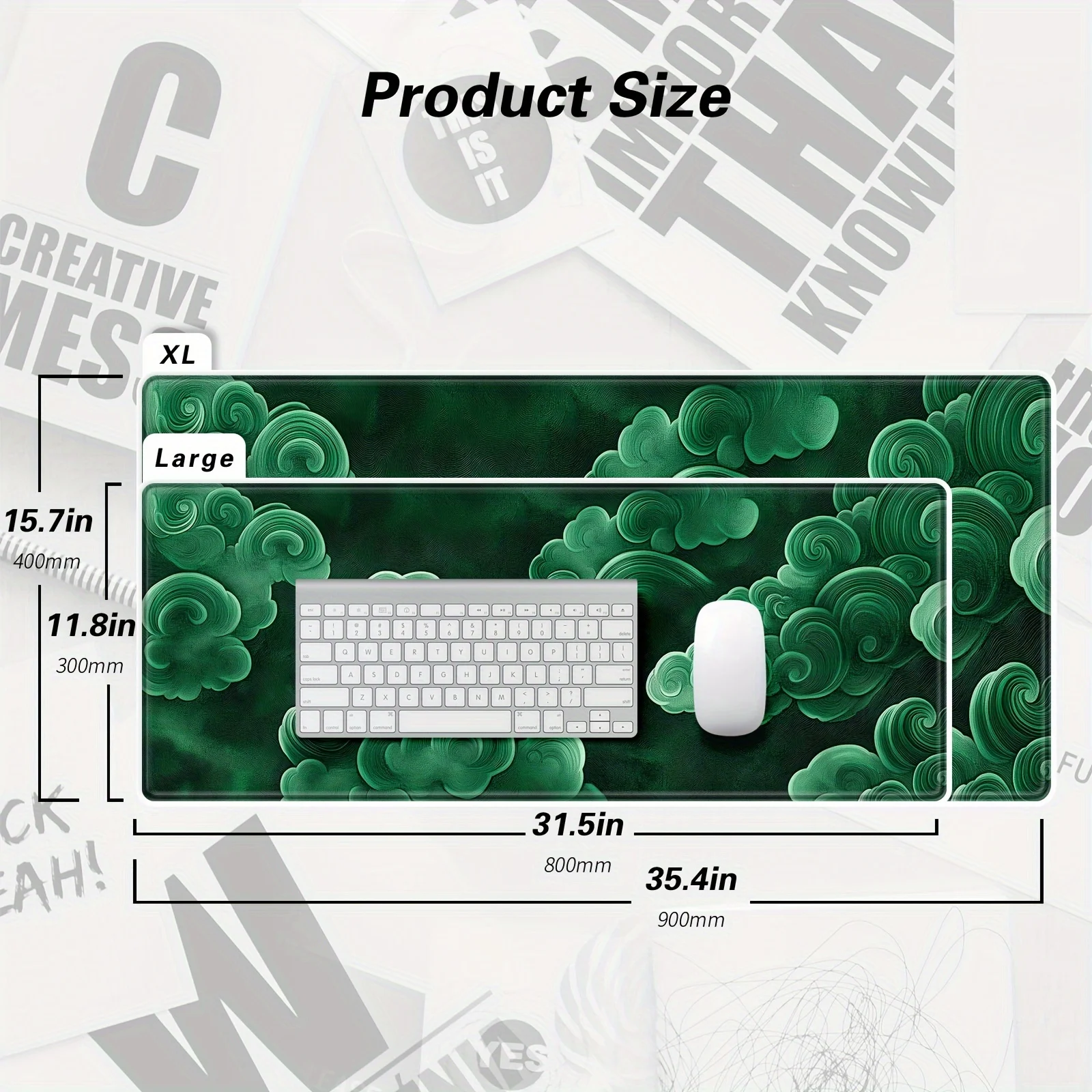 Oversized Gaming Mouse Pad, Non-slip Rubber Base, Stitched Edges, with Green Cloud Pattern, Suitable for Work and Gaming