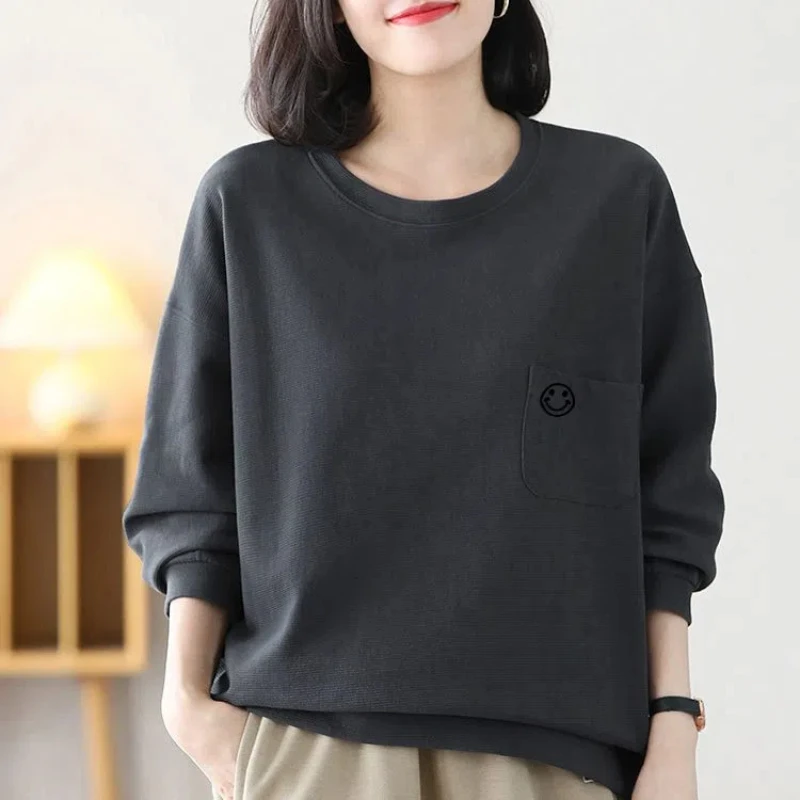 Women's Clothing Spring Autumn Round Neck Solid Color Pocket Lantern Long Sleeve Geometric Hoodies Casual Elegant Loose Tops