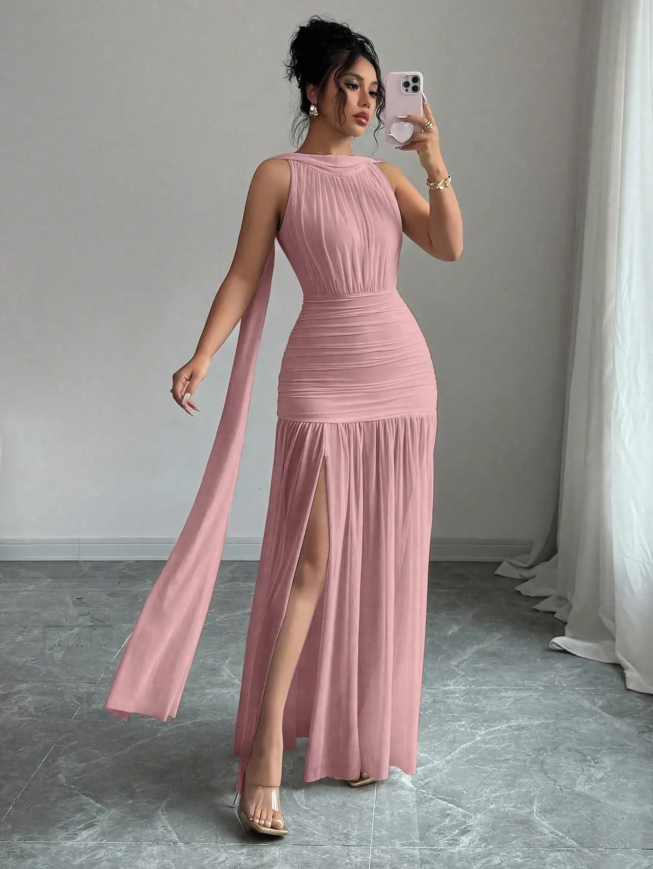 

Elegant Solid Color Sleeveless Pleated Slit Maxi Dress For Women Summer