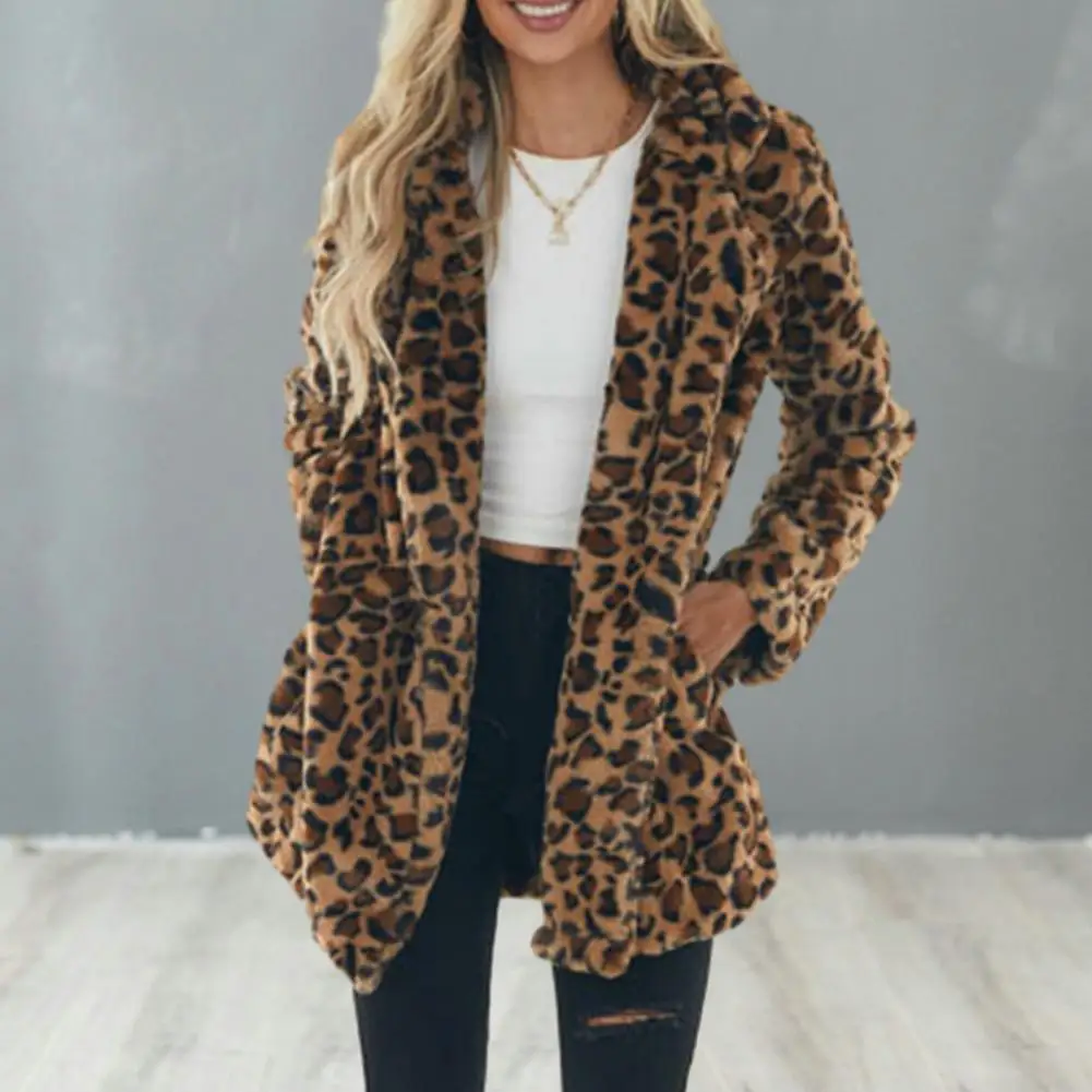 Imitation Fur Jacket Leopard Print Plush Coat for Women Stylish Windproof Mid Length Overcoat with Pockets Lapel Women Faux Fur