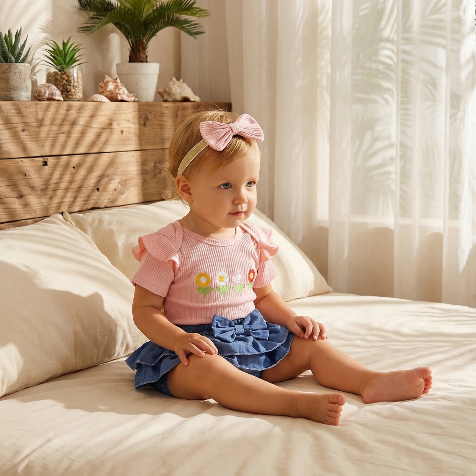 

Летняя одежда для маленьких девочек: милые комбинезоны с цветочной вышивкой, короткими рукавами и круглым вырезом, а также джинсовые шорты и повязка на голову.