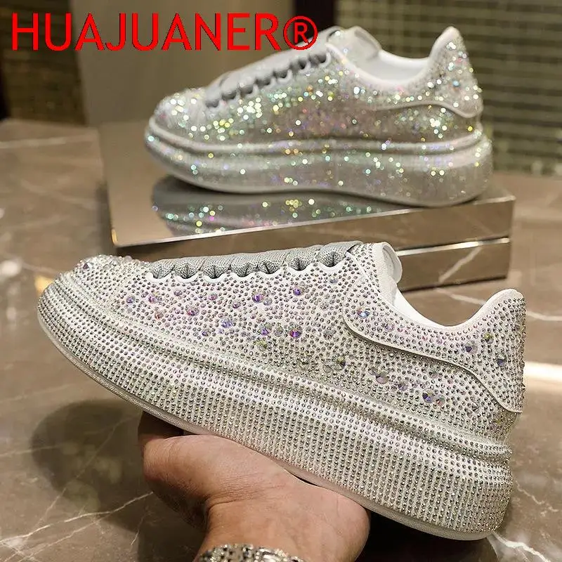 New Brand Women Fashion Casual Glitter Sparkling Sneakers Women Encrusted Lace Up Shoes White Sole Fashion Street Sneakers Shiny